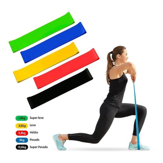 Kit de 5 Mini Faixas Elásticas Ideal p/ Exercício/Academia/Treino/Funcional/Mobi