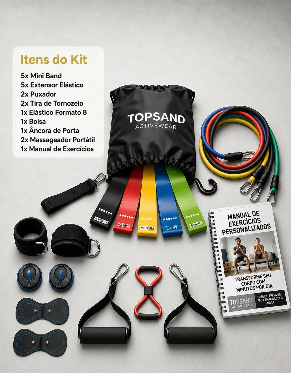 Kit 20 Itens Esportivos Para Treino Em Casa Academia Fitness Funcional Com Elásticos Extensor Puxadores Massageador Faixas Elásticas Mini Band P/ Exercícios Ginástica Fisioterapia Topsand Activewear