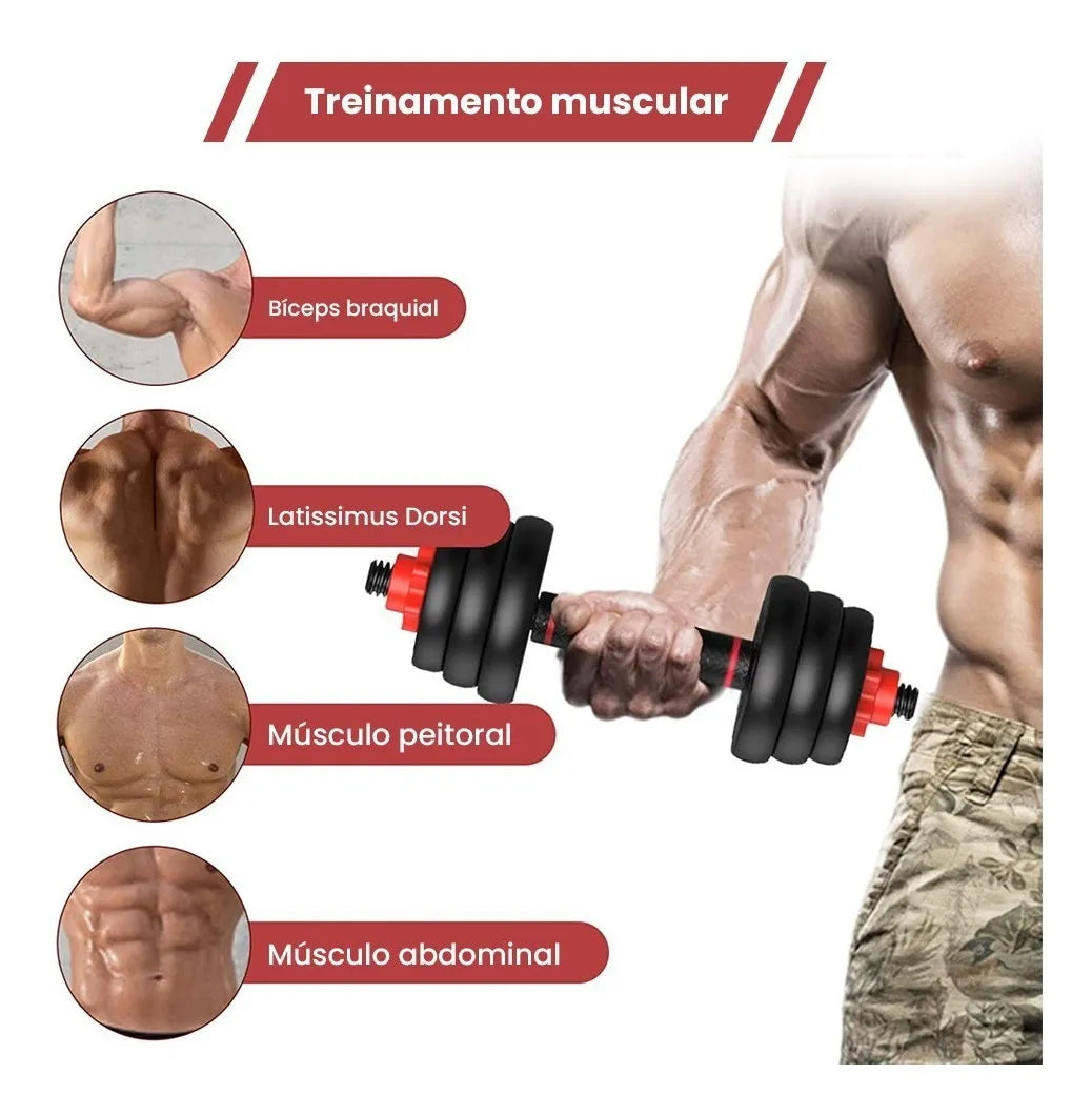 Kit Halteres 6 Em 1 Peso Musculação Até 40kg Ajustável Halter, Kettlebell, Anilha Cor Preto-Vermelho
