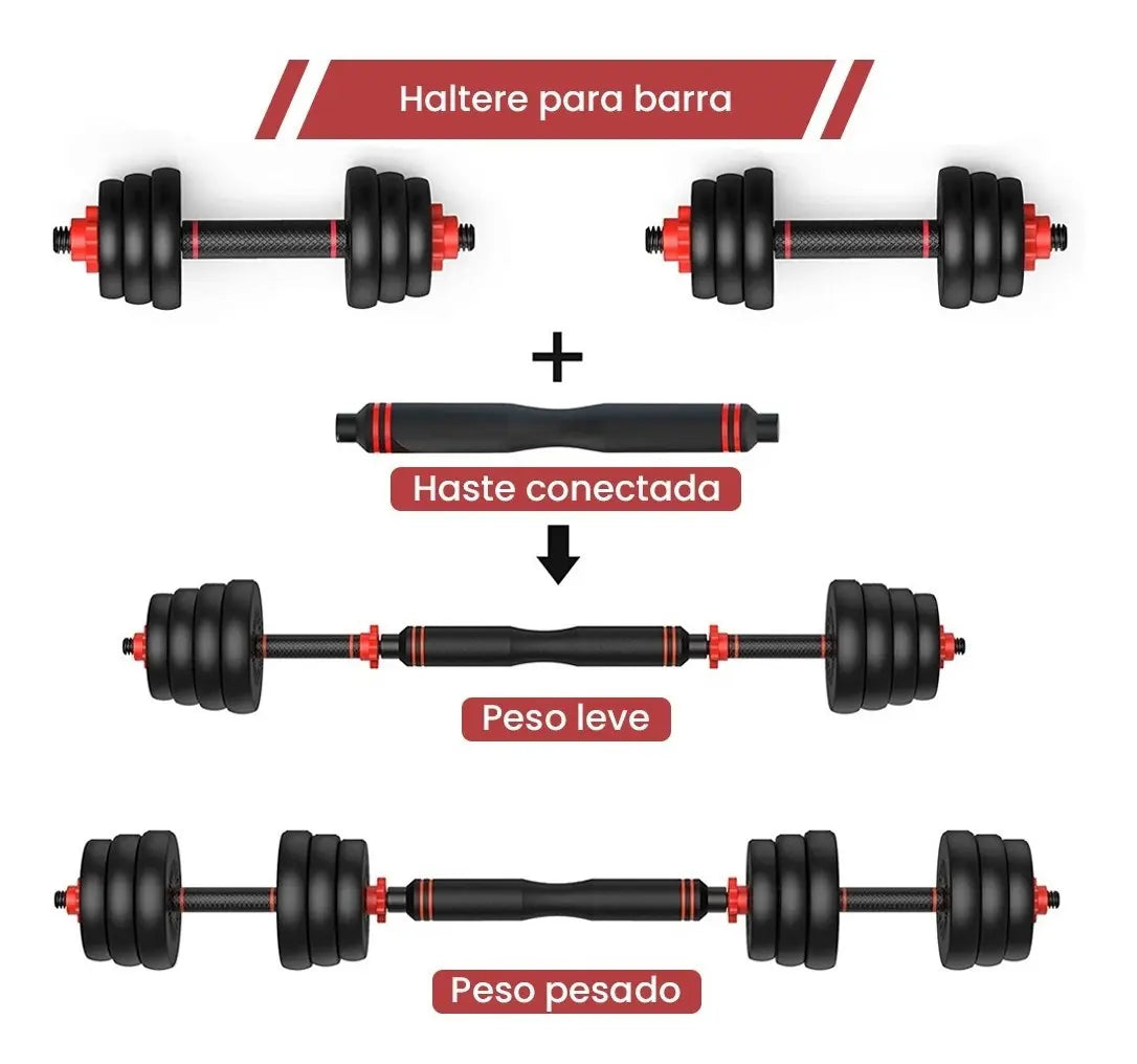 Kit Halteres 6 Em 1 Peso Musculação Até 40kg Ajustável Halter, Kettlebell, Anilha Cor Preto-Vermelho