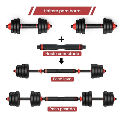Kit Halteres 6 Em 1 Peso Musculação Até 40kg Ajustável Halter, Kettlebell, Anilha Cor Preto-Vermelho