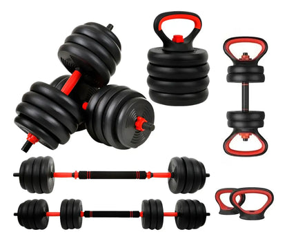Kit Halteres 6 Em 1 Peso Musculação Até 40kg Ajustável Halter, Kettlebell, Anilha Cor Preto-Vermelho
