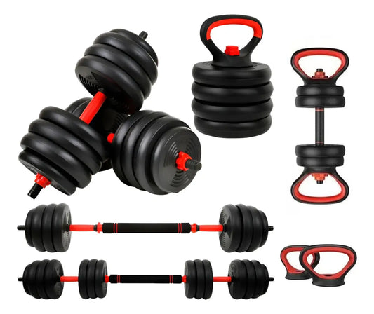 Kit Halteres 6 Em 1 Peso Musculação Até 40kg Ajustável Halter, Kettlebell, Anilha Cor Preto-Vermelho