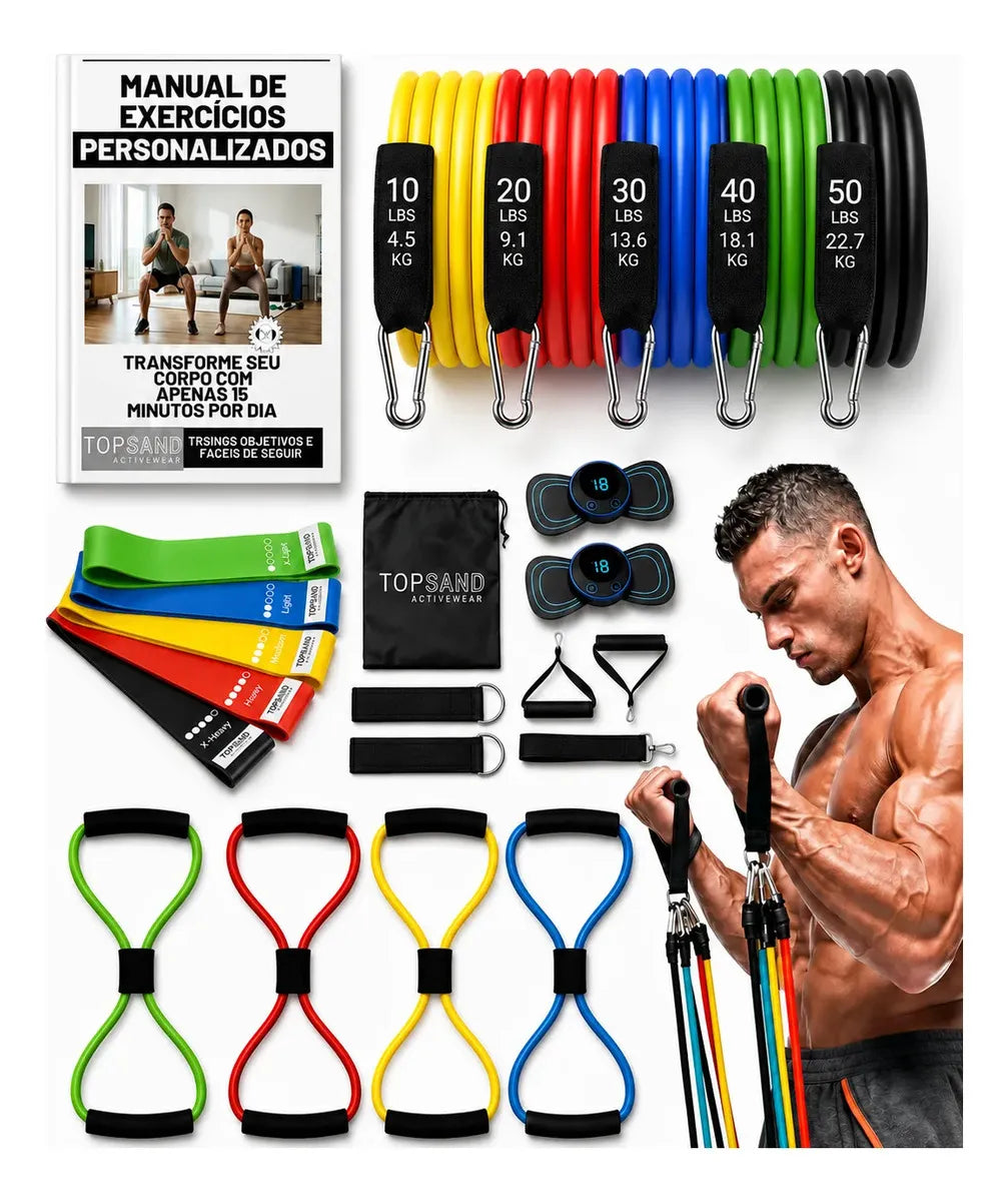 Kit 20 Itens Esportivos Para Treino Em Casa Academia Fitness Funcional Com Elásticos Extensor Puxadores Massageador Faixas Elásticas Mini Band P/ Exercícios Ginástica Fisioterapia Topsand Activewear