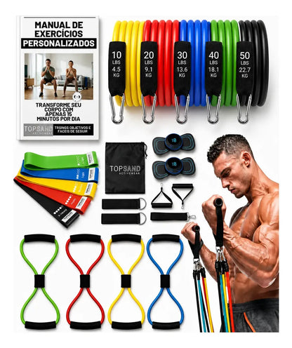 Kit 20 Itens Esportivos Para Treino Em Casa Academia Fitness Funcional Com Elásticos Extensor Puxadores Massageador Faixas Elásticas Mini Band P/ Exercícios Ginástica Fisioterapia Topsand Activewear