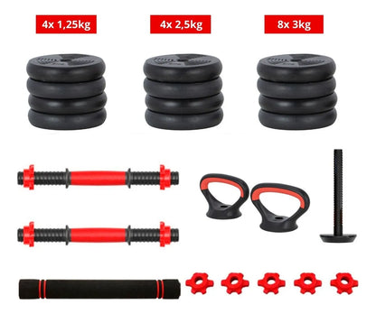 Kit Halteres 6 Em 1 Peso Musculação Até 40kg Ajustável Halter, Kettlebell, Anilha Cor Preto-Vermelho